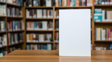 Blank book on table in library with books photo