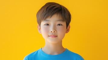A young boy in a blue shirt on a yellow background photo