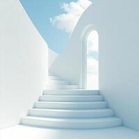 White stairs leading to an open door photo