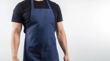 A man in a blue apron with his hands on his hips photo