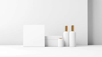 White boxes and bottles on a table with a blank wall photo