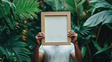 Man holding blank frame in front of tropical plants photo