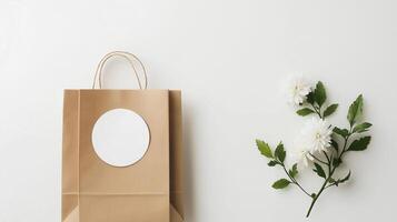 Brown paper bag with white flowers on white background photo
