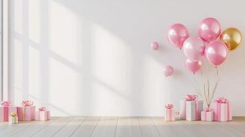 Pink balloons and gifts in a room with white walls photo