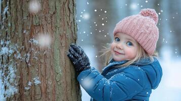 A little girl in a blue coat and pink hat leaning against a tree photo