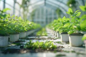 A bright and modern greenhouse during the spring planting season, filled with young green seedlings. The fresh plants symbolize growth, renewal and a thriving ecosystem. photo