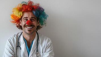 Funny doctor in white coat and stethoscope, dressed as clown with rainbow wig and red nose. Concept of humor in healthcare, power of laughter therapy. April Fools Day photo