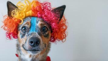 cute dog wearing a colorful clown wig, looking directly at the camera with a playful expression. A perfect image for April Fools Day, circus themes, or humorous pet moments photo