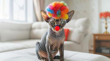 Sphynx cat with a colorful clown wig and a red nose sits on a couch, creating a humorous and quirky scene. Perfect for April Fools' Day, carnival, or funny pet themed content photo