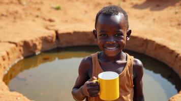 smiling African boy holds a yellow cup near a water source in dry environment. His joy highlights the importance of clean water access, water conservation, and global efforts for safe drinking water photo