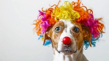 funny dog with a colorful clown wig and red nose, looking straight into the camera. A perfect image for April Fools' Day, circus themes or humorous moments with pets. Copy space photo
