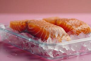 Fresh salmon fillet on ice in a transparent container on a soft pink background. Seafood, market, healthy food. Frozen Food Month photo