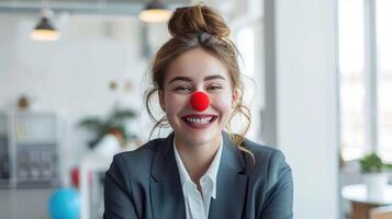 Smiling businesswoman with red clown nose in modern office. Playful and humorous concept of fun at work, creativity. April Fools Day celebration photo