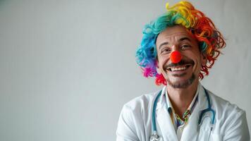 Cheerful smiling doctor in red clown nose and bright colored wig celebrates April Fools Day. Banner with copy space for text and messages photo