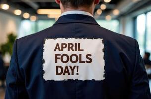 man in a suit with an April Fools Day sign taped to his back, standing in a modern office. A classic prank capturing the fun and mischievous spirit of April 1st photo
