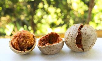 Close up of wood apple whole and cut into two halves - one of the famous fruits of South Asia, on white table and natural green blurred background photo