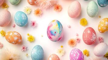 Happy Easter eggs and flowers with pattern pastel color with decorative elements spring season on white background Top view photo