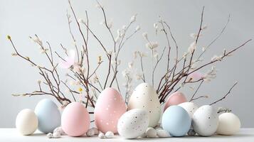 Happy Easter eggs and flowers with dot pattern and pastel color with decorative elements spring season on white background photo