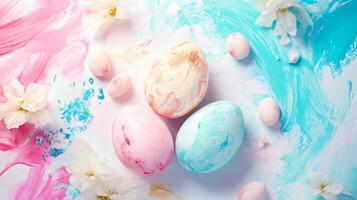 Happy Easter eggs brush pattern pastel color with decorative elements spring season on white background Top view photo