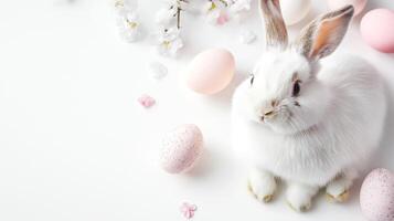 Happy easter Cute white bunny sitting with the easter eggs white color scheme and flowers on white background with copy space for text photo