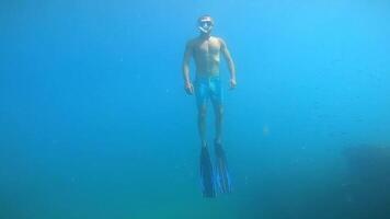 Freediver swims deep underwater before surfacing in the open ocean video
