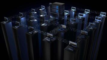 Server sharing information to a group of computers around the server against dark background with blue light. Loop sequence. 3D Animation video