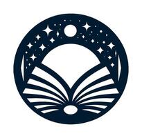 An open book with stars and a moon in the background vector