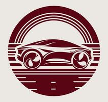 The car is in a circular shape with a sun in the background vector