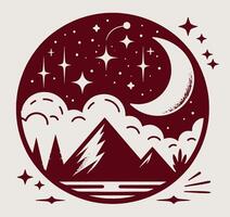 A mountain and a moon in a circle with stars vector