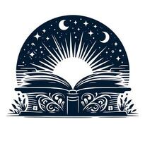 An open book with stars and moon in the background vector