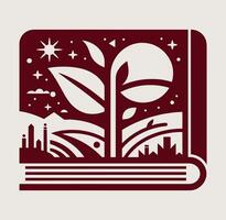 An open book with a tree and city in the background vector