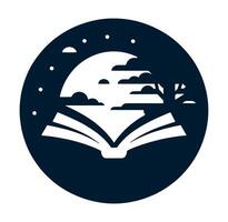 A black and white image of an open book with trees and a moon vector