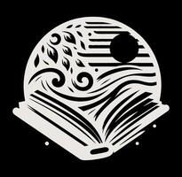 An open book with a wave and a sun in the background vector
