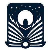A black and white logo of an open book with a moon in the background vector