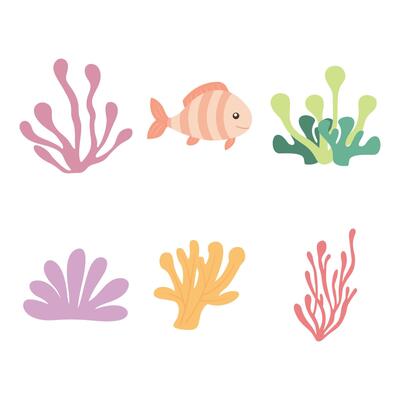 Sea Ocean Marine Life Elements Set of Fish Seaweed Natural Decoration