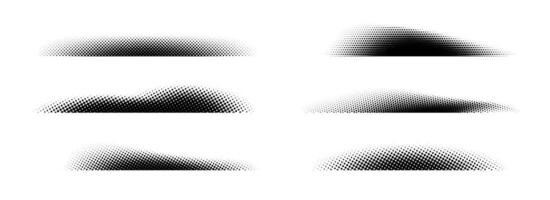 Halftone shadow set. Black dotted gradient stripe collection. Horizontal pixelated grain line patterns. Half tone textured shade pack for divide and separate. Noise dots and particles strips vector