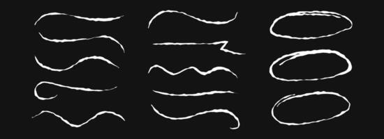 Hand drawn chalk lines and circles set. White pastel underlines and strokes collection. Wavy crayon brushstroke bundles. Rough sketched marks, highlights and emphasis for divide and separate vector