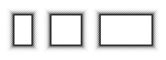 Black halftone rectangle frame set. Dotted gradient border collection. Pop art comic dot picture holder design for banner template, copy space, emblem, poster element. Rasterized framing back vector