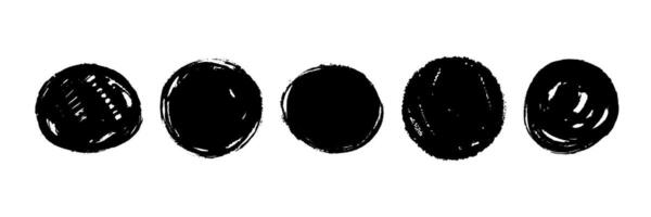Round dry paint stains set. Black grunge ink circle collection. Textured brush stroke radial element pack. Hand drawn charcoal blobs for frame design, template, poster, banner. Circular spots vector
