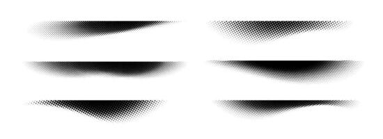 Halftone shadows set. Black dotted gradient stripes collection. Horizontal pixelated grain line patterns. Half tone textured shades pack for divide and separate. Noise dots and particles strips vector