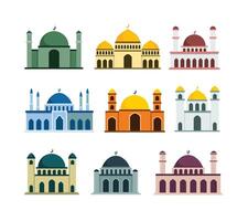A collection of mosque building illustrations, with various domes, minarets, and arches. Perfect for Islamic-themed designs, Ramadan and Eid projects, educational materials, and cultural visuals vector
