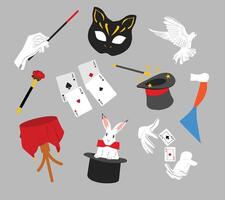 A collection of circus and magic-themed elements, including a magicians hat, wand, playing cards and rabbit. For circus posters, event invitations, children books, and festival designs vector