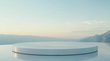 An empty white round table on a rooftop overlooking the mountains photo