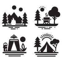 Stylized Tent and Camping Icons in Silhouette on a White Background vector