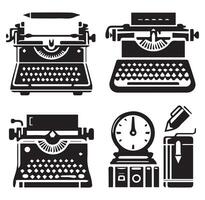 Typewriter Vintage style and Office Tools Icons Silhouette on a White Background vector