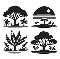 Different 4 Trees and Plants Silhouette on a White Background vector