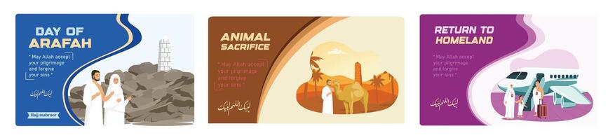 The ritual of the Hajj, the day of Arafah, sacrificing a camel, and returning to the homeland. vector