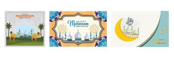 Islamic New Year greeting card designs feature camels, mosques and lanterns. vector