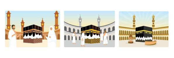 Pilgrims pray in front of the Kaaba and walk around the Kaaba seven times. vector