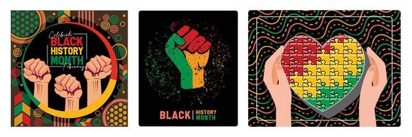 Black History Month celebration features with raised hands and colorful patterns. vector
